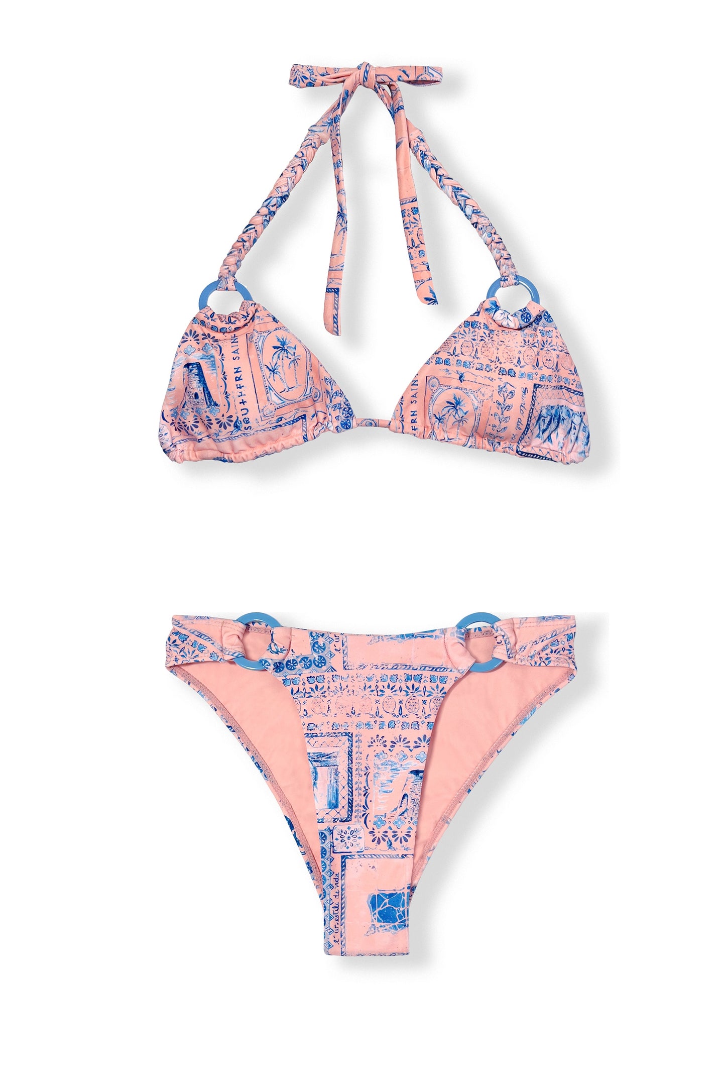 Get ready to turn heads in this gorgeous triangle bikini top. The Santa Cruz top is filled with luxurious details, such as a hand painted print, a beautiful braided strap and a fully recycled custom Chambray acrylic ring.  Pair with the matching Santa Cruz bikini bottom for the full look or mix and match with one of our other luxurious bikini bottoms!  Peach